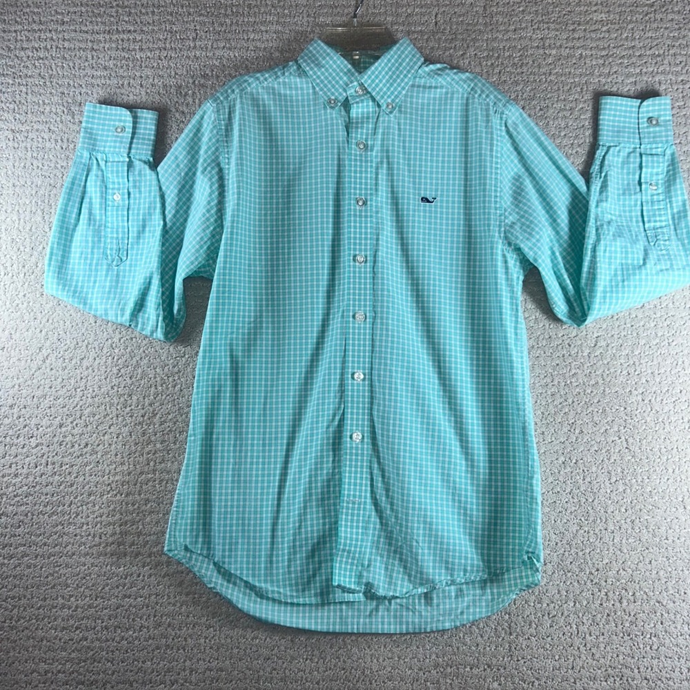 Vineyard Vines Mens Slim Fit Whale Shirt Button Down Checkered Aqua